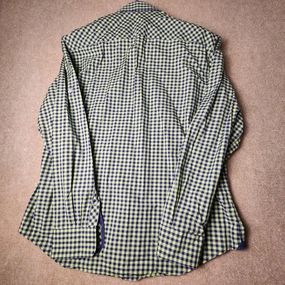 BUGATCHI UOMO Mens Gingham Check Long Sleeve Button Down Shirt Green Navy Blue - Picture 7 of 8